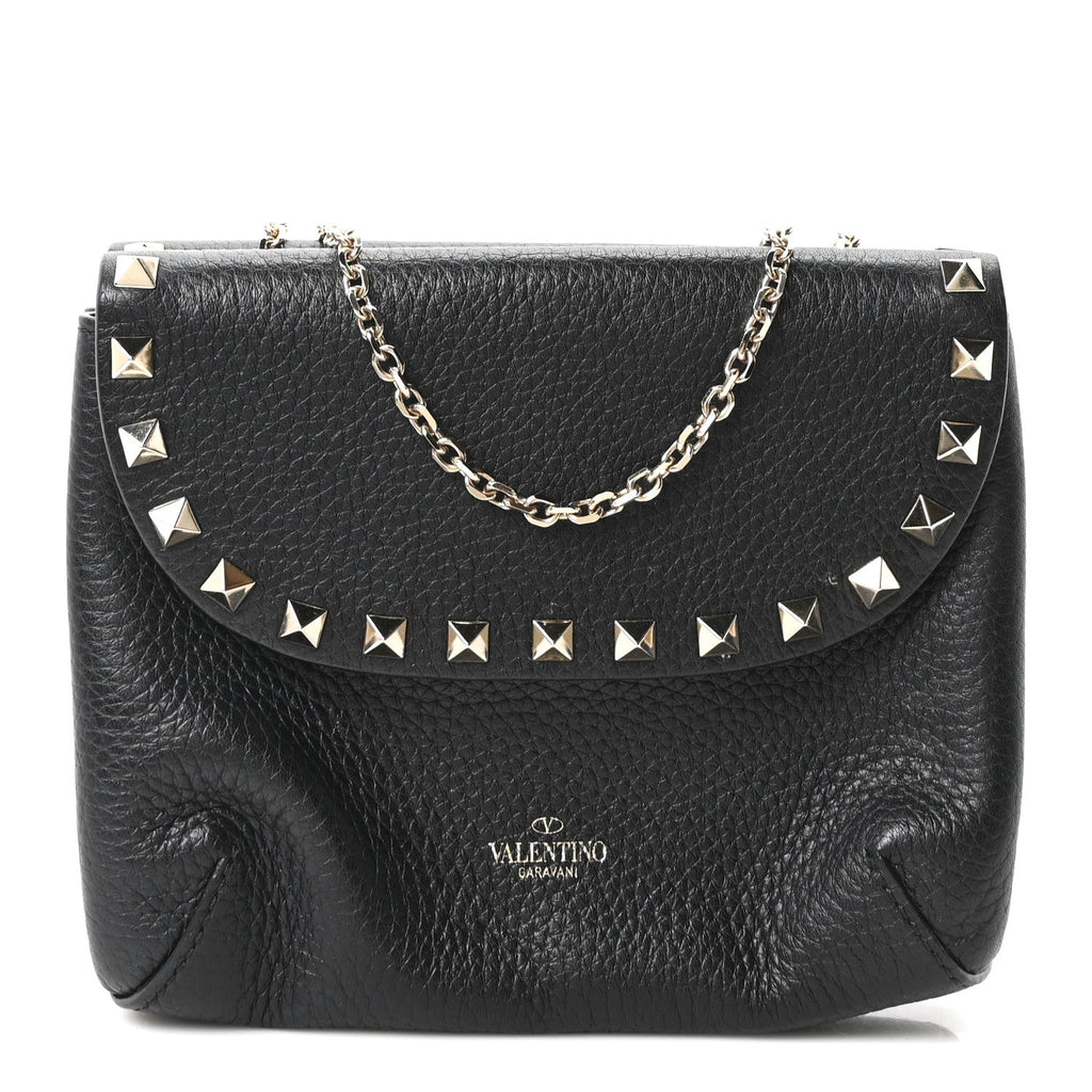 Pebbled Calfskin Rockstud Double Pocket Chain Crossbody Black