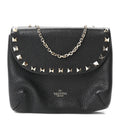 Pebbled Calfskin Rockstud Double Pocket Chain Crossbody Black