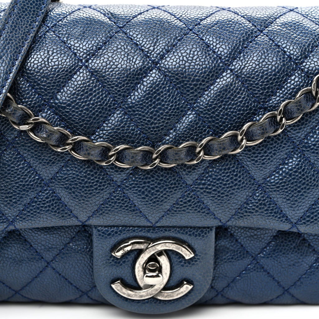 Iridescent Caviar Quilted Jumbo Easy Flap Dark Blue