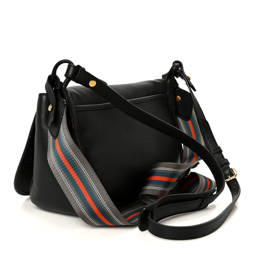 Vitello Daino Embossed Logo Flap Shoulder Bag Black