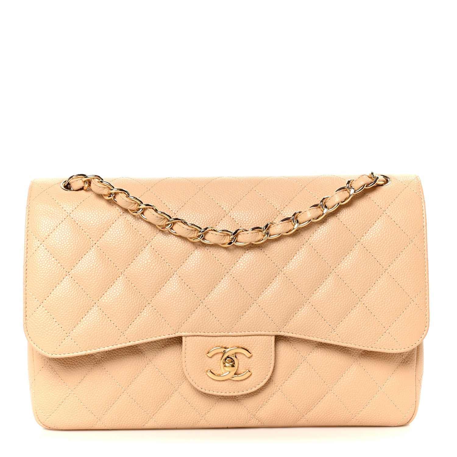 Caviar Quilted Jumbo Double Flap Beige Clair