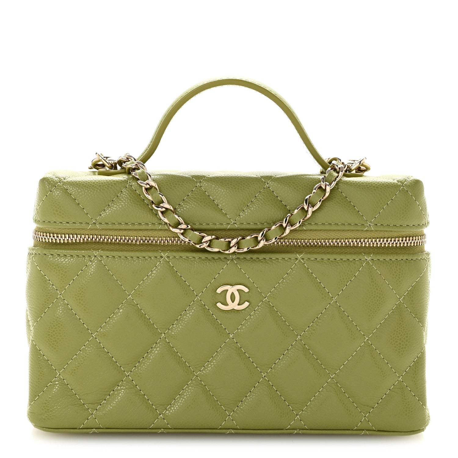 Caviar Quilted Top Handle Slim Vanity With Chain Khaki