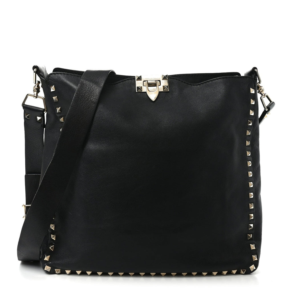 Vitello Calfskin Small Rockstud Flip-Lock Messenger Bag Black