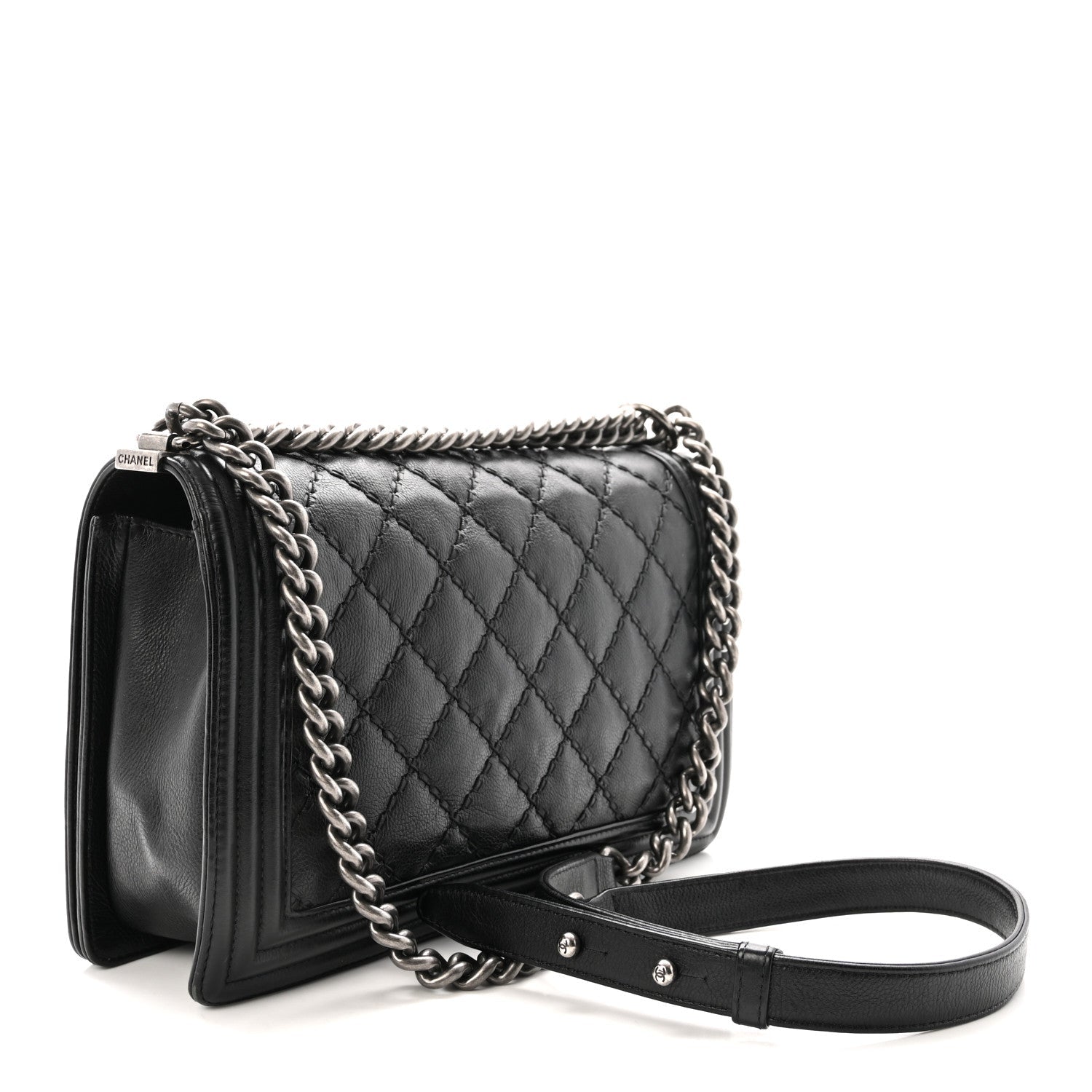Calfskin Quilted Double Stitch New Medium Boy Flap Black