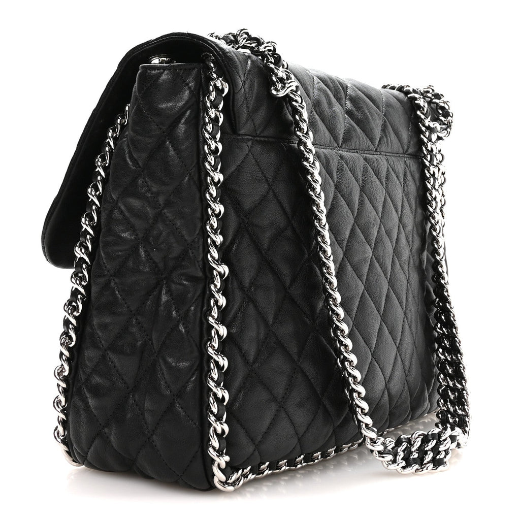Washed Lambskin Quilted Maxi Chain Around Flap Black