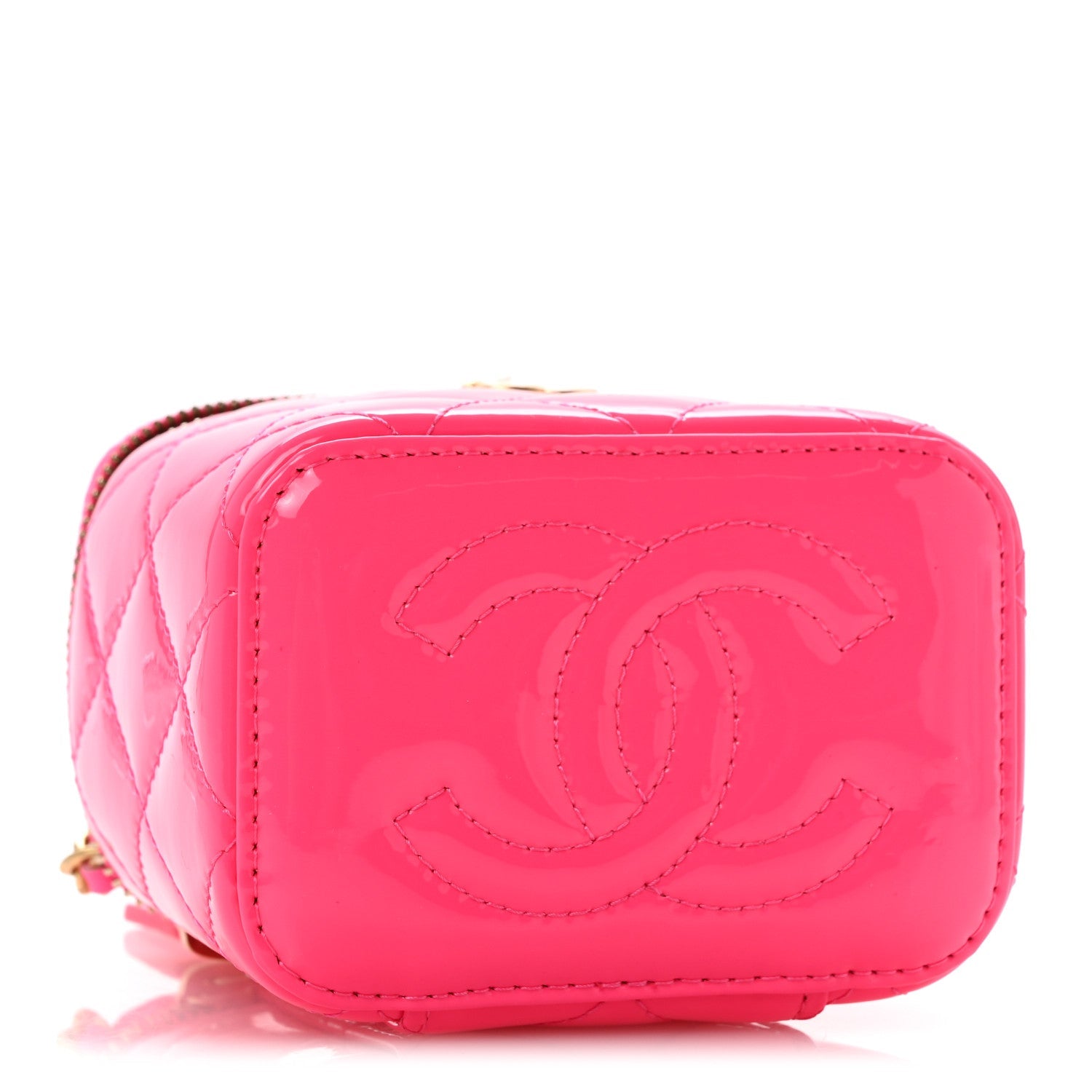 Patent Quilted Pearl Crush Mini Vanity Case With Chain Neon Pink