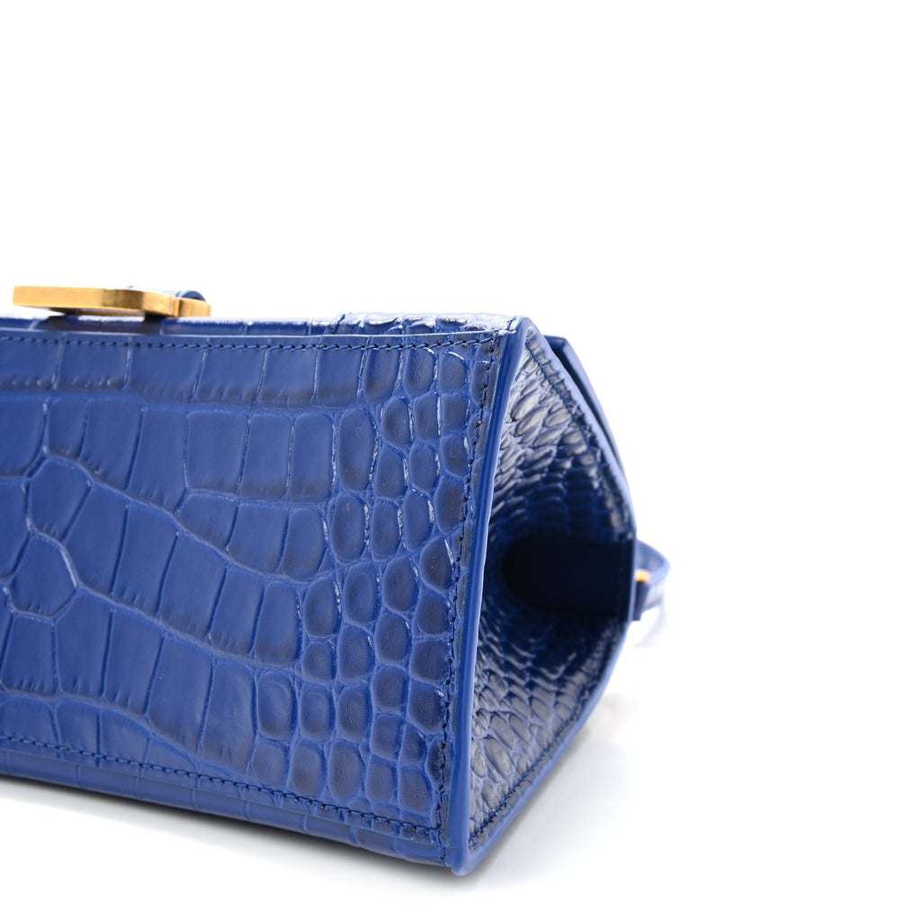 Shiny Calfskin Crocodile Embossed Small Hourglass Top Handle Bag Indigo