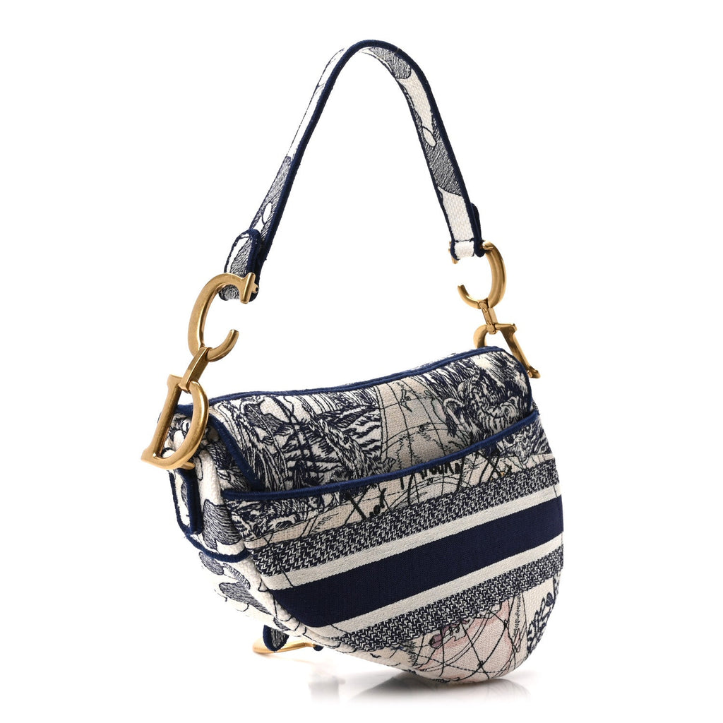 Canvas Embroidered Around the World Saddle Bag Blue