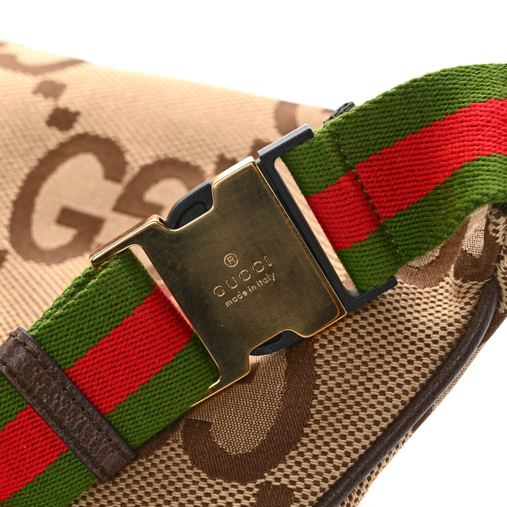 Monogram Jumbo GG Textured Dollar Calfskin Web Belt Bag Camel Ebony New Acero