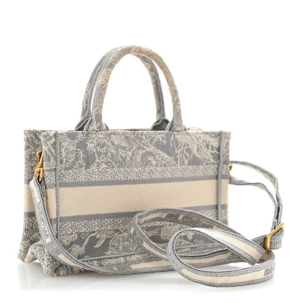 Canvas Embroidered Toile De Jouy Reverse Mini Book Tote With Strap Grey