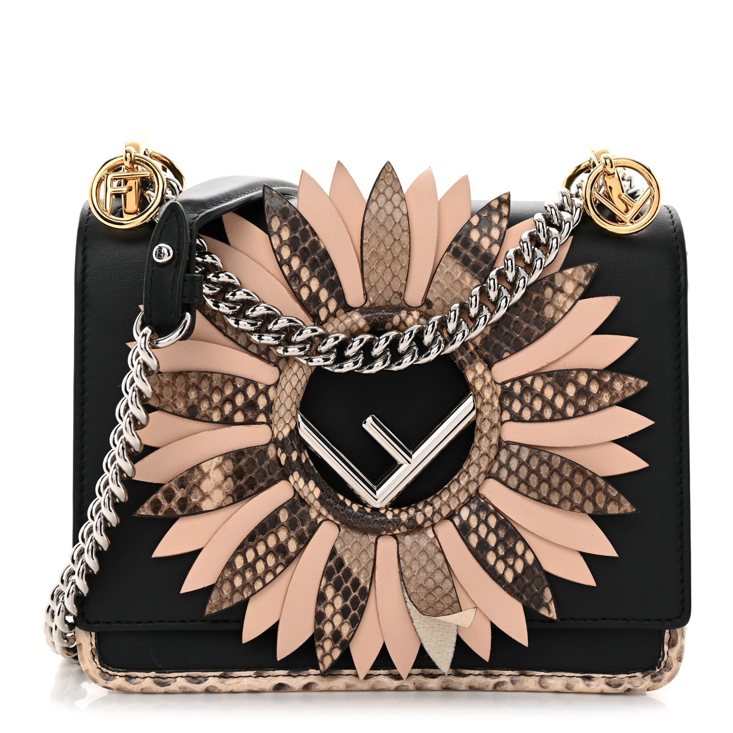 Vitello Century Snakeskin F is Fendi Flower Burst FF Small Kan I Shoulder Bag Black Beige