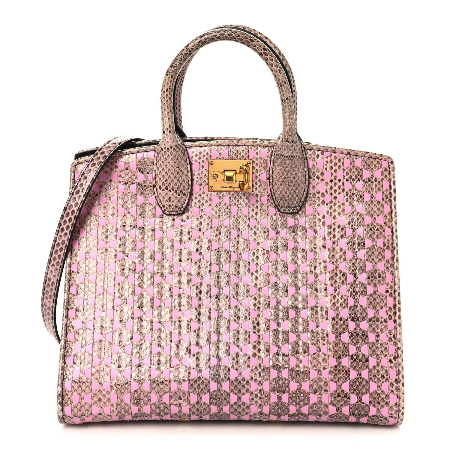Calfskin Snakeskin Woven The Studio Box Tote Pink Brown