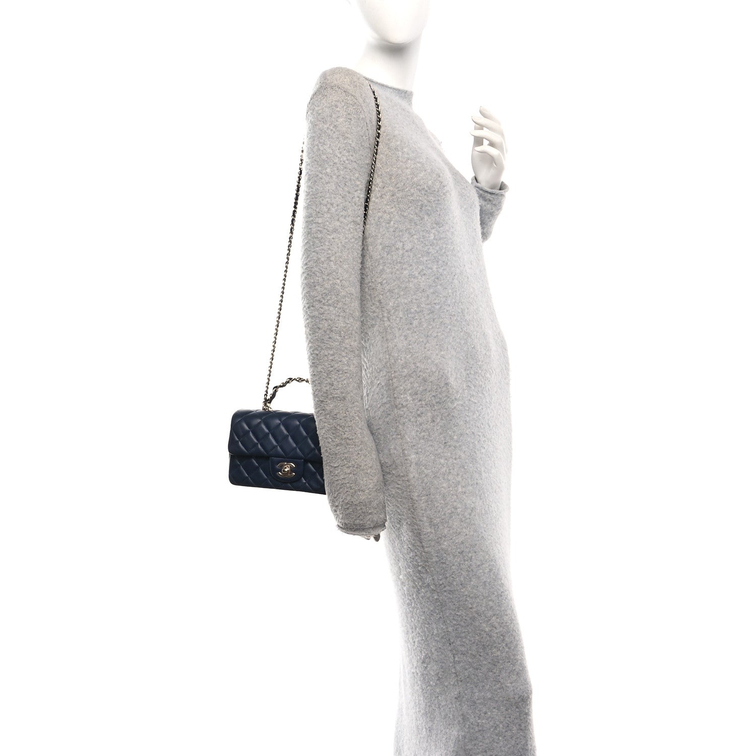 Lambskin Quilted Mini Chain Top Handle Rectangular Flap Navy