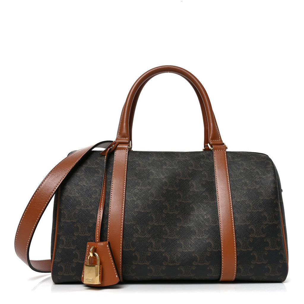 Triomphe Canvas Calfskin Boston Bag Tan