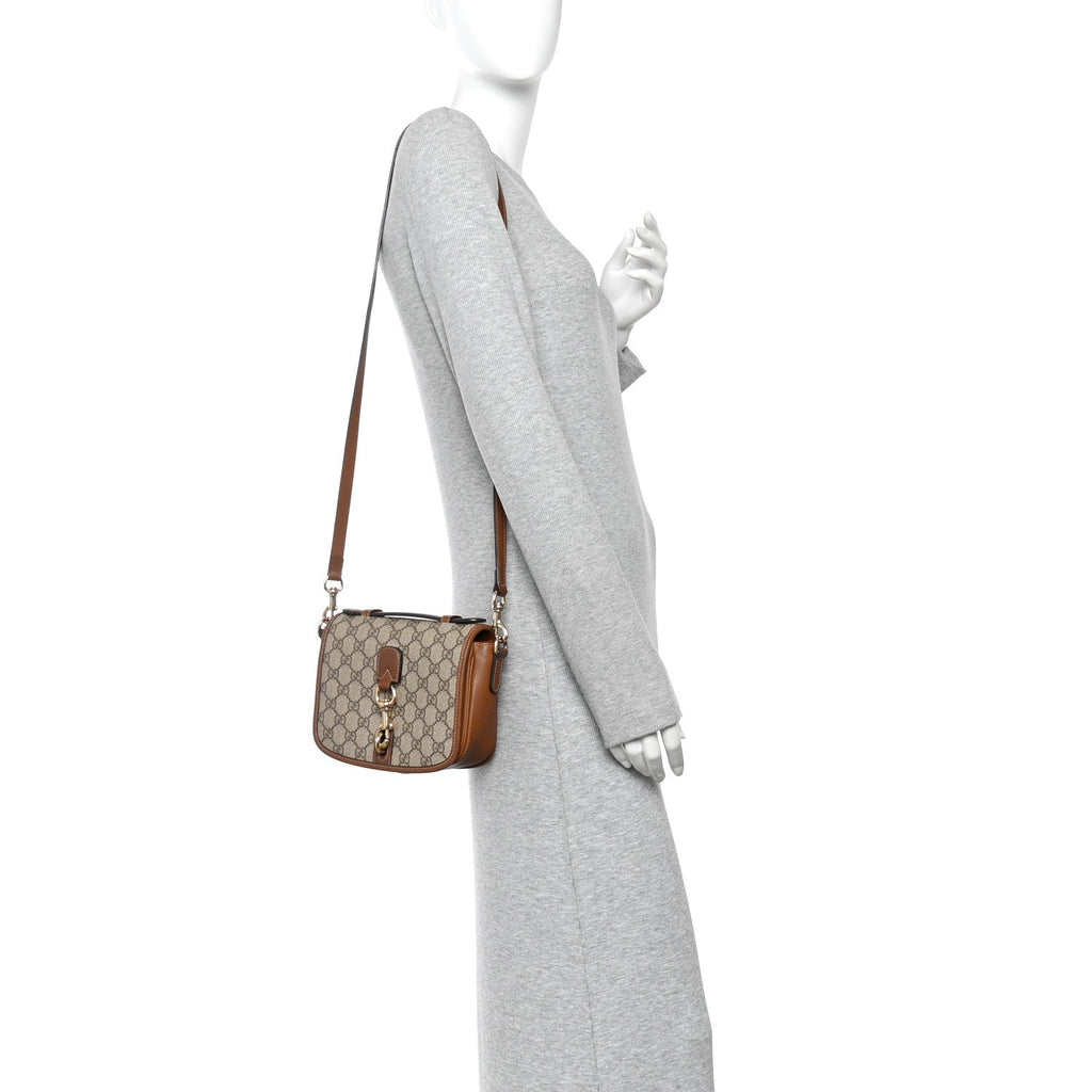GG Supreme Monogram Textured Calfskin Emblem Mini Shoulder Bag Beige Dark Brown