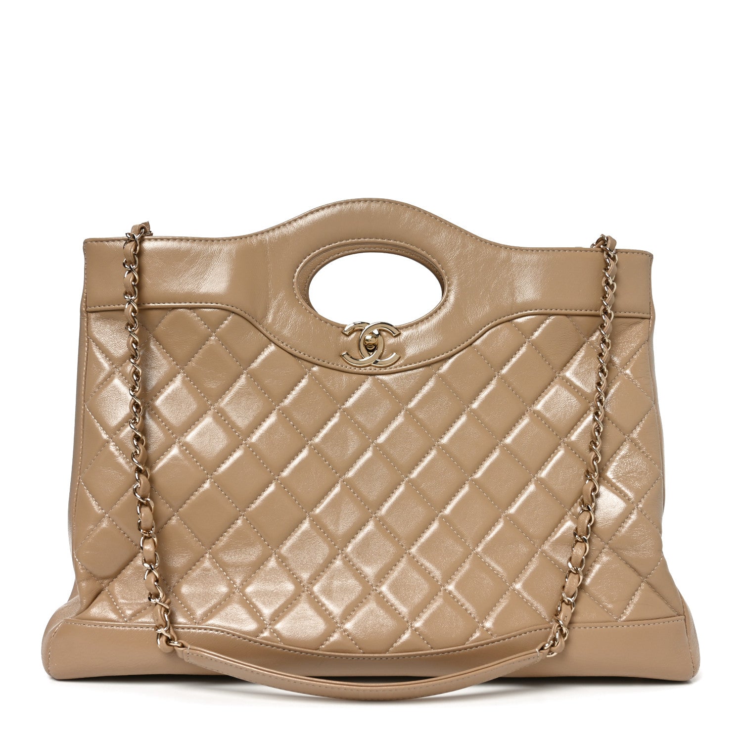 Shiny Crumpled Calfskin Quilted Large 31 Shopping Bag Beige