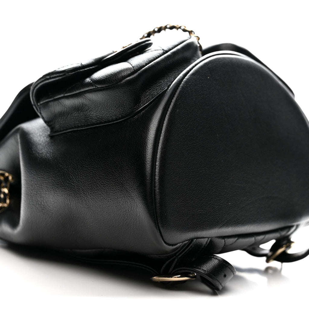 Shiny Caviar Quilted Medium Duma Pockets Drawstring Backpack Black