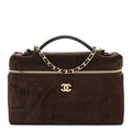 Suede Calfskin Large Top Handle Slim Vanity With Chain Dark Brown