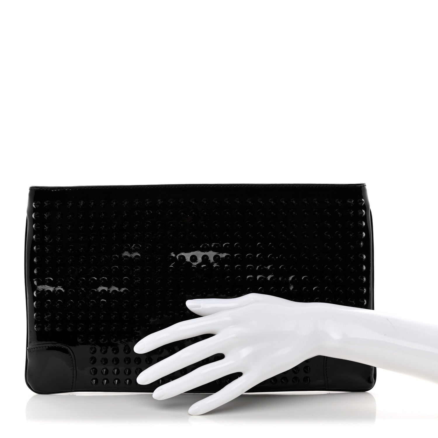 Patent Calfskin Studded Loubiposh Chain Clutch Black
