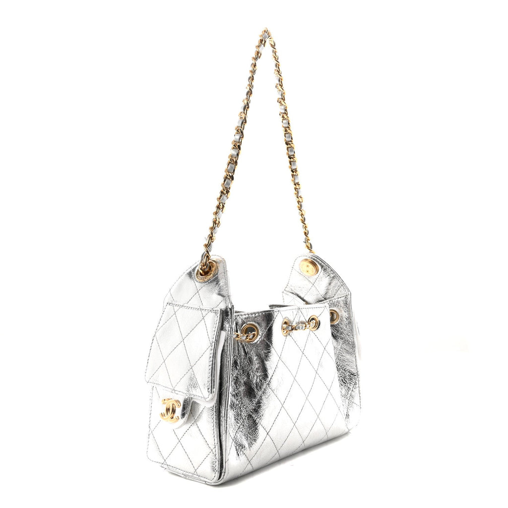 Metallic Aged Calfskin Quilted Mini Chanel 25 Handbag Silver