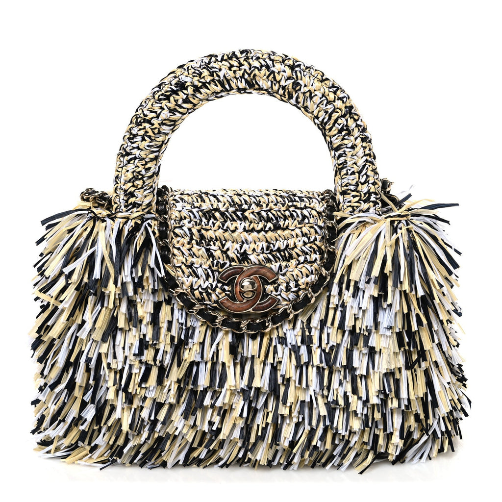 Raffia Fringe Nano Kelly Shopper Yellow Black White
