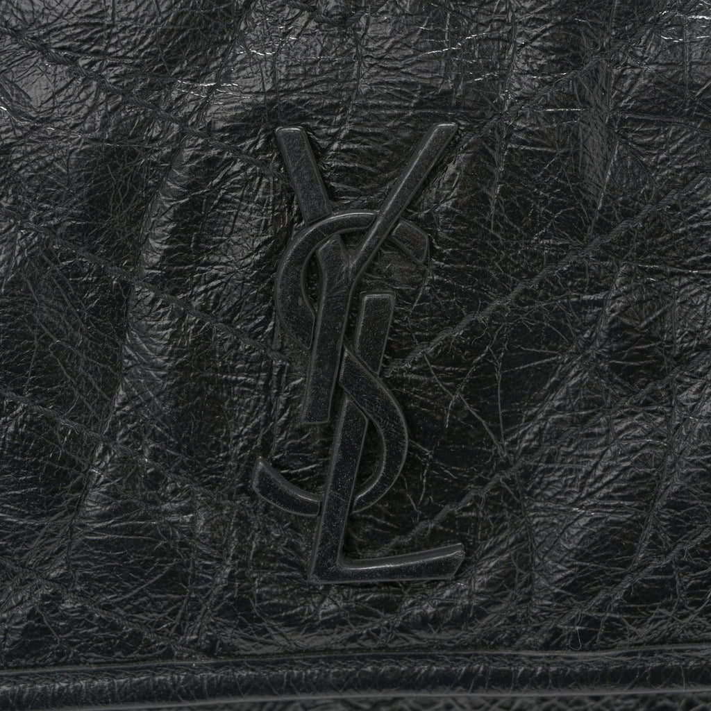 Crinkled Calfskin Matelasse Monogram Large Niki Chain Satchel Black