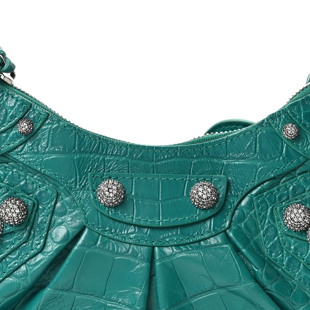 Extra Supple Calfskin Crystal Crocodile Embossed Le Cagole Shoulder Bag XS Jade