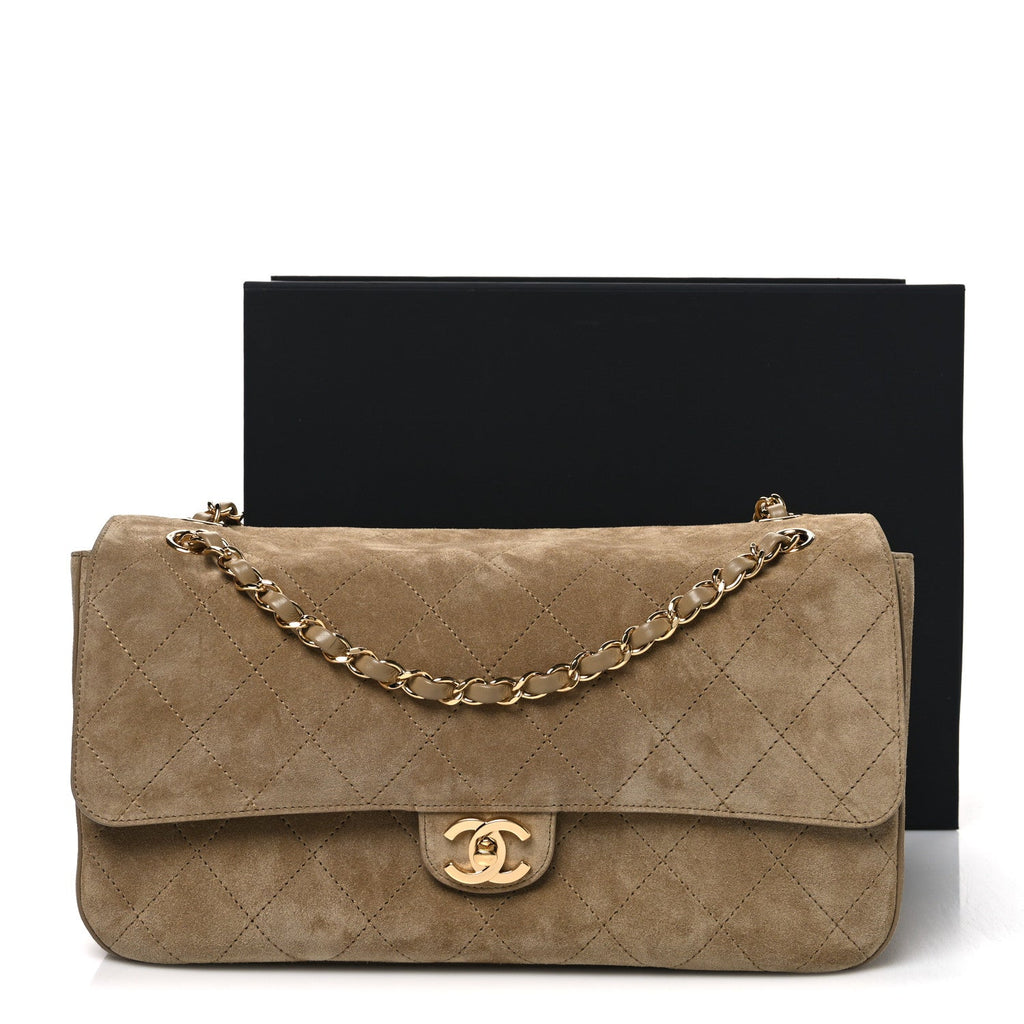 Suede Calfskin Small Souplissimo Maxi Flap Dark Beige