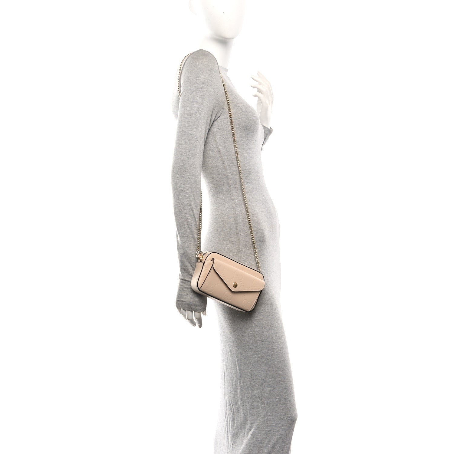 Calfskin GG Super Mini Debossed Chain Wallet Light Beige