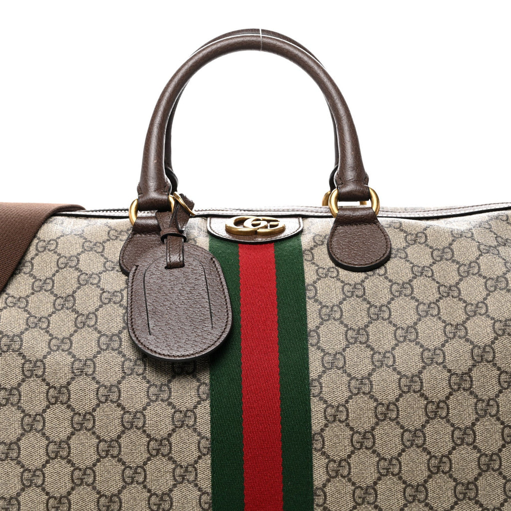 GG Supreme Monogram Textured Dollar Calfskin Web Medium Ophidia Carry-On Duffle Bag Beige Ebony New Acero