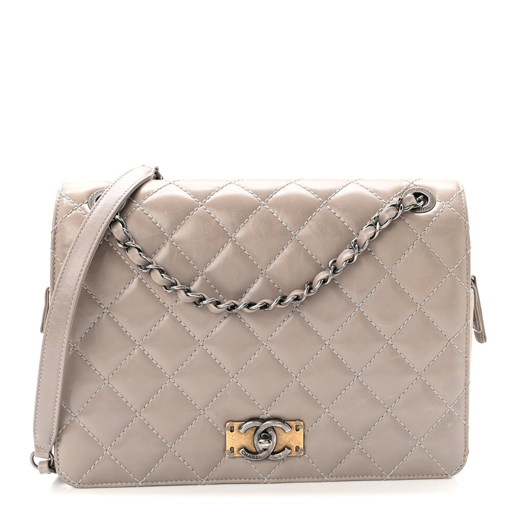 Glazed Calfskin Quilted Medium Day Trip Flap Grey