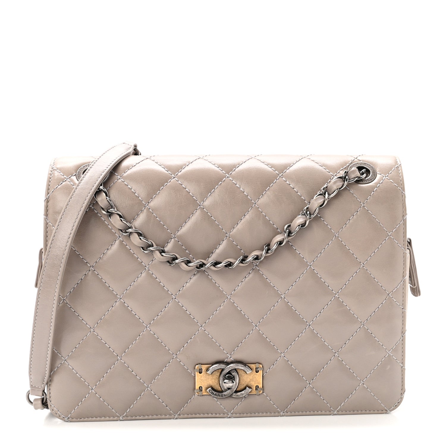 Glazed Calfskin Quilted Medium Day Trip Flap Grey