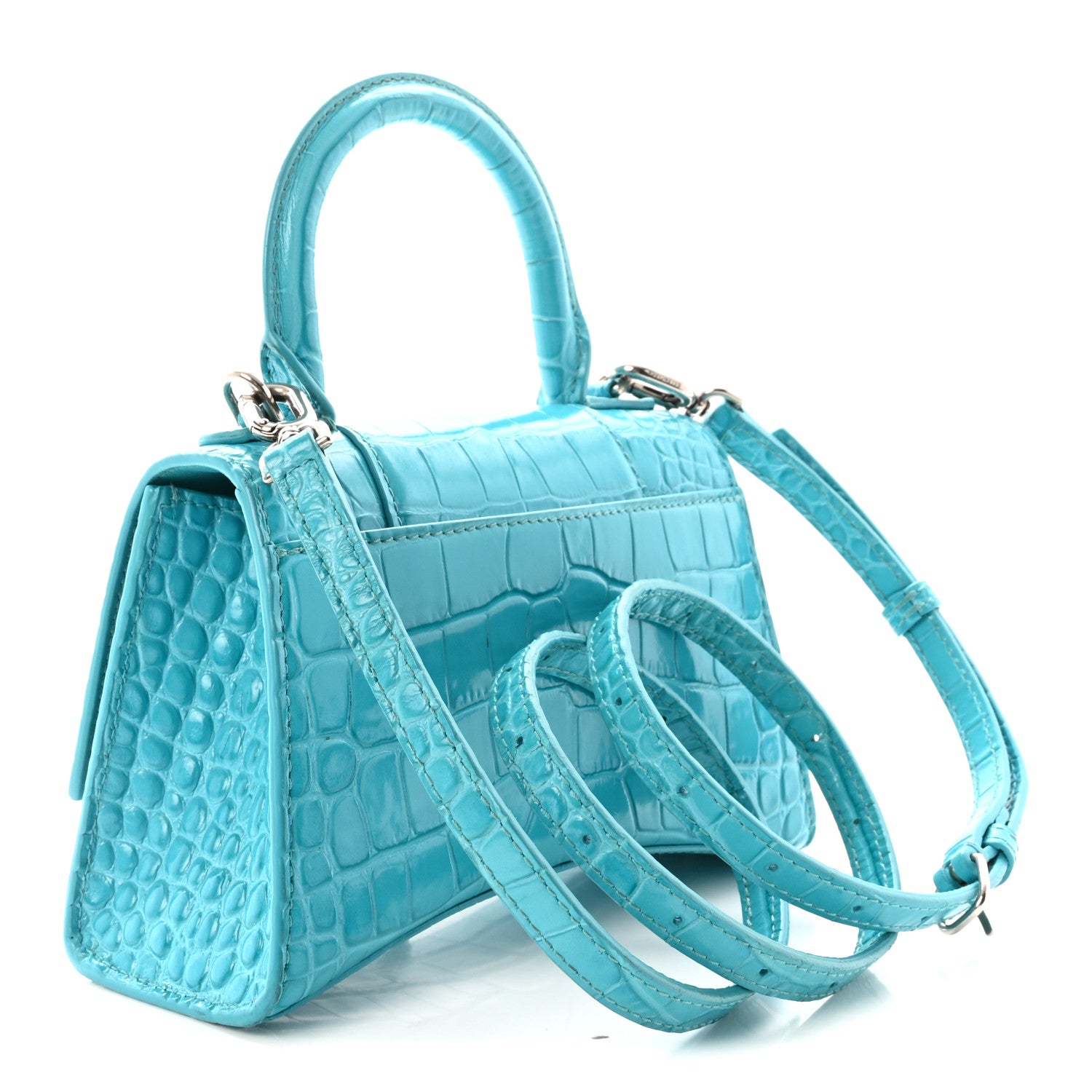 Shiny Calfskin Crocodile Embossed Hourglass Top Handle Bag XS Azur