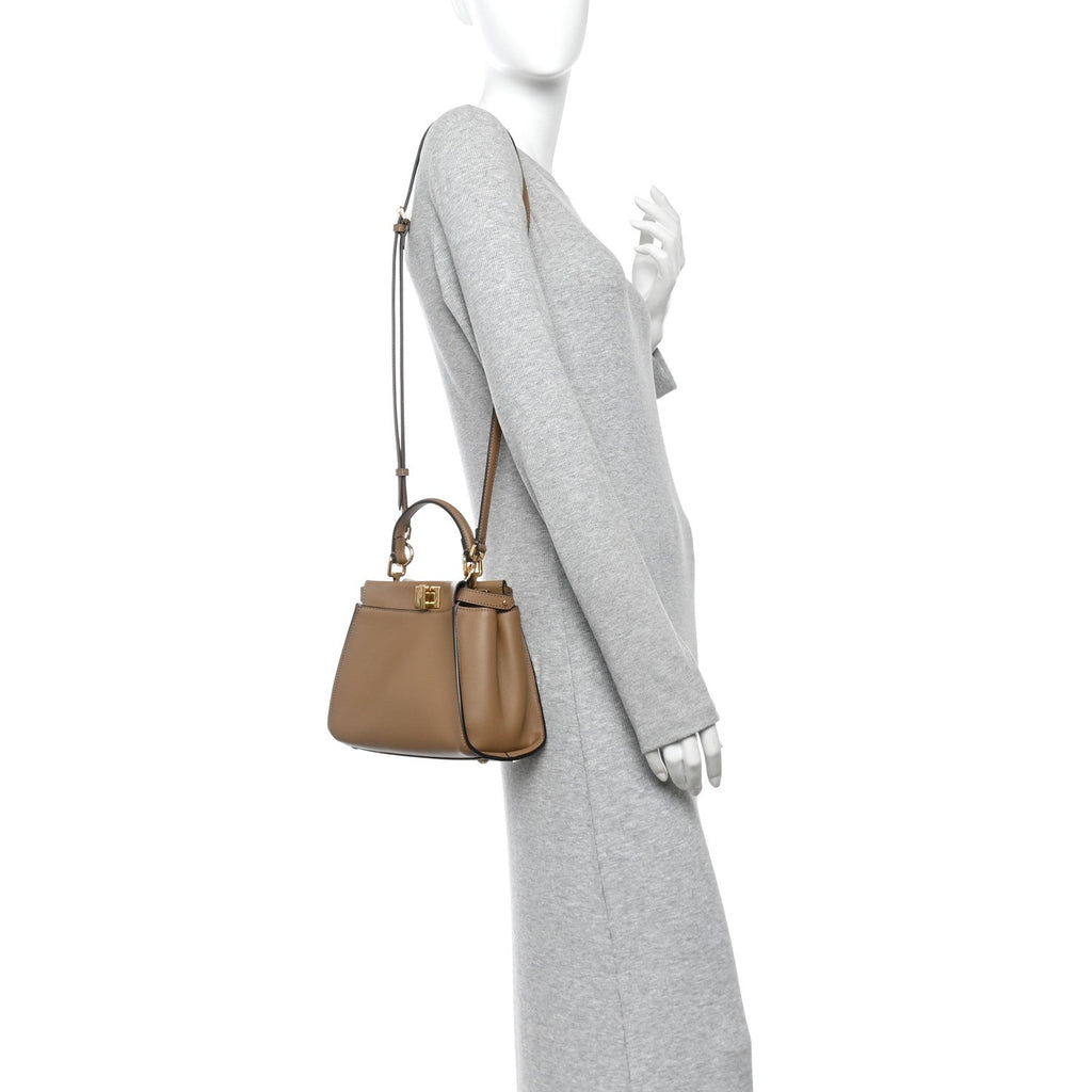 Vitello Seta Fabric Jacquard FF 1974 Mini Peekaboo Iconic Satchel Sand Tobacco Moro