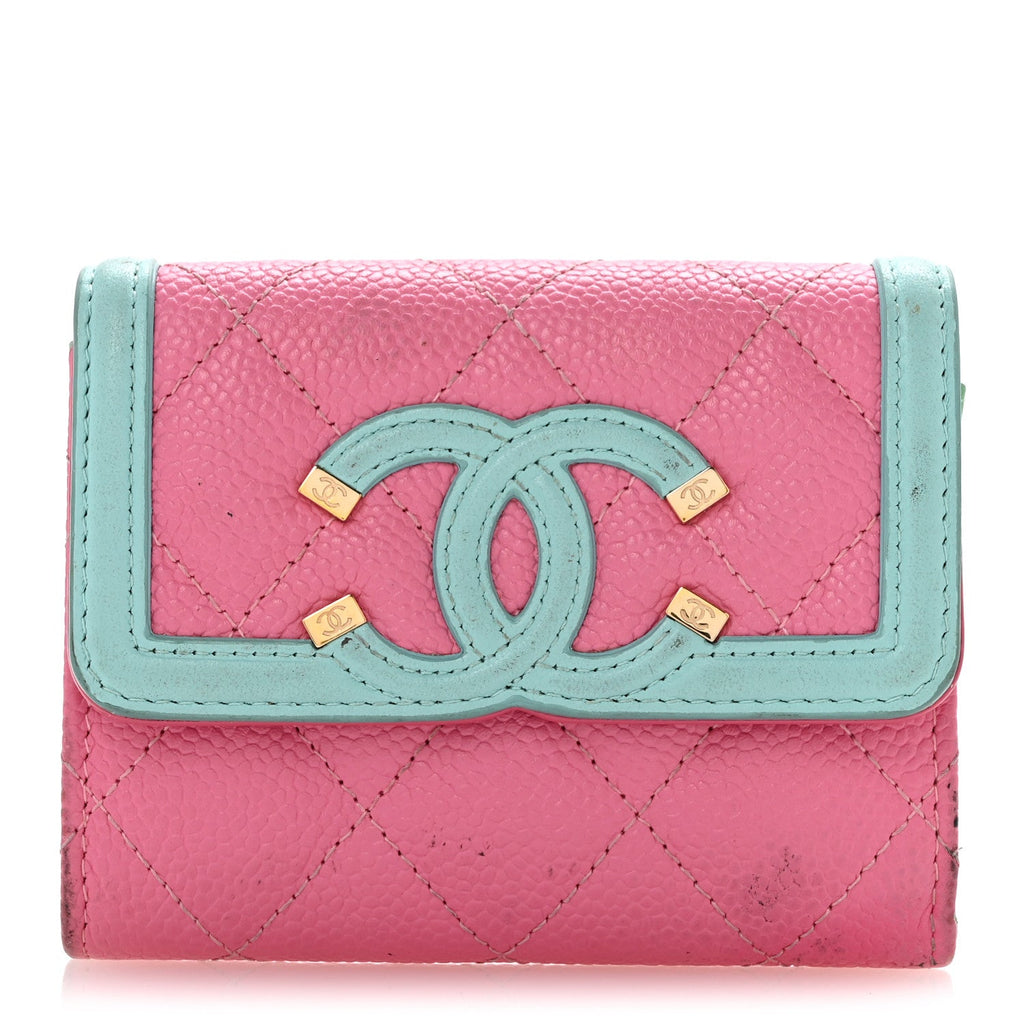 Caviar Quilted Filigree Flap Card Holder Pink Blue Green