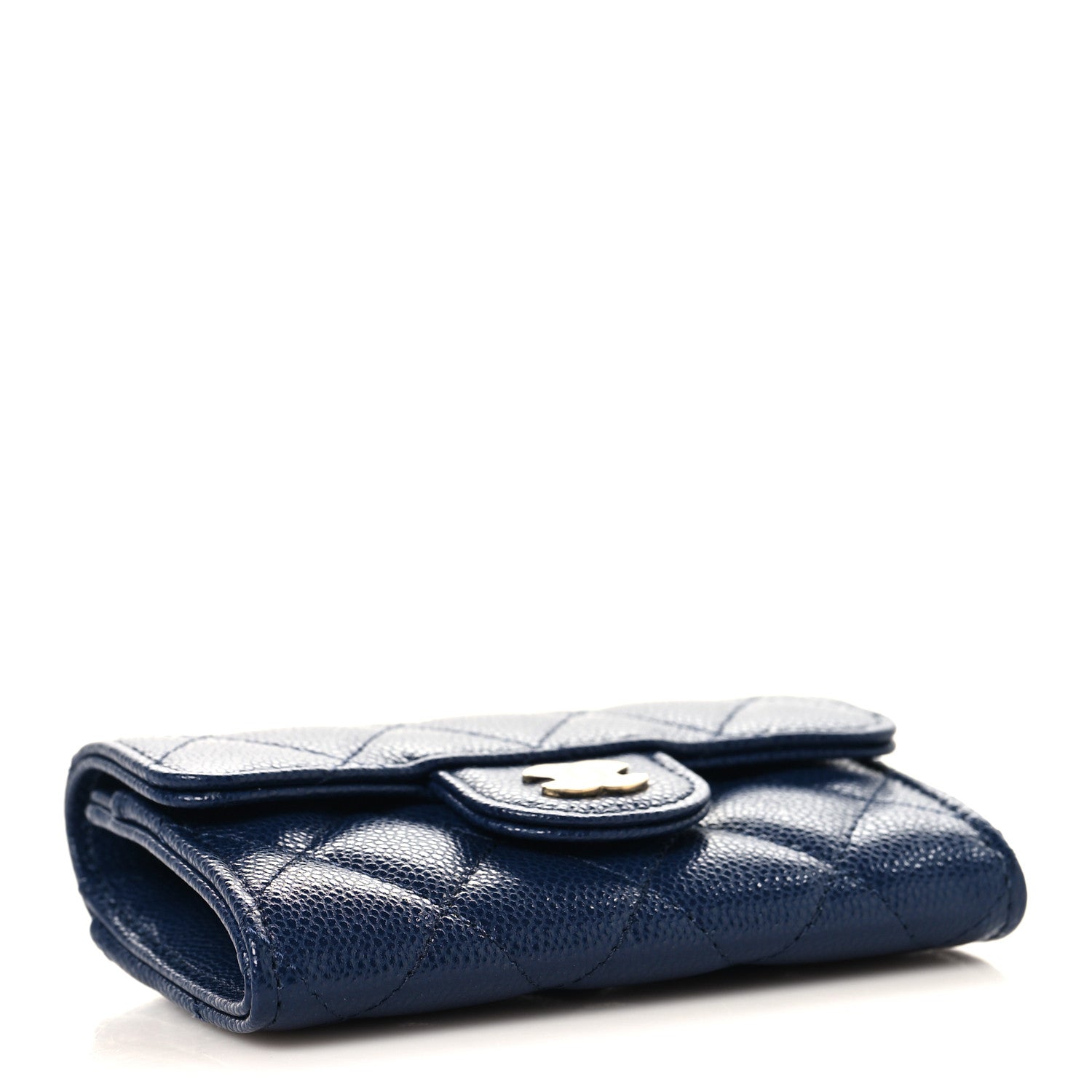 Caviar Quilted Flap Card Holder Wallet Navy Blue