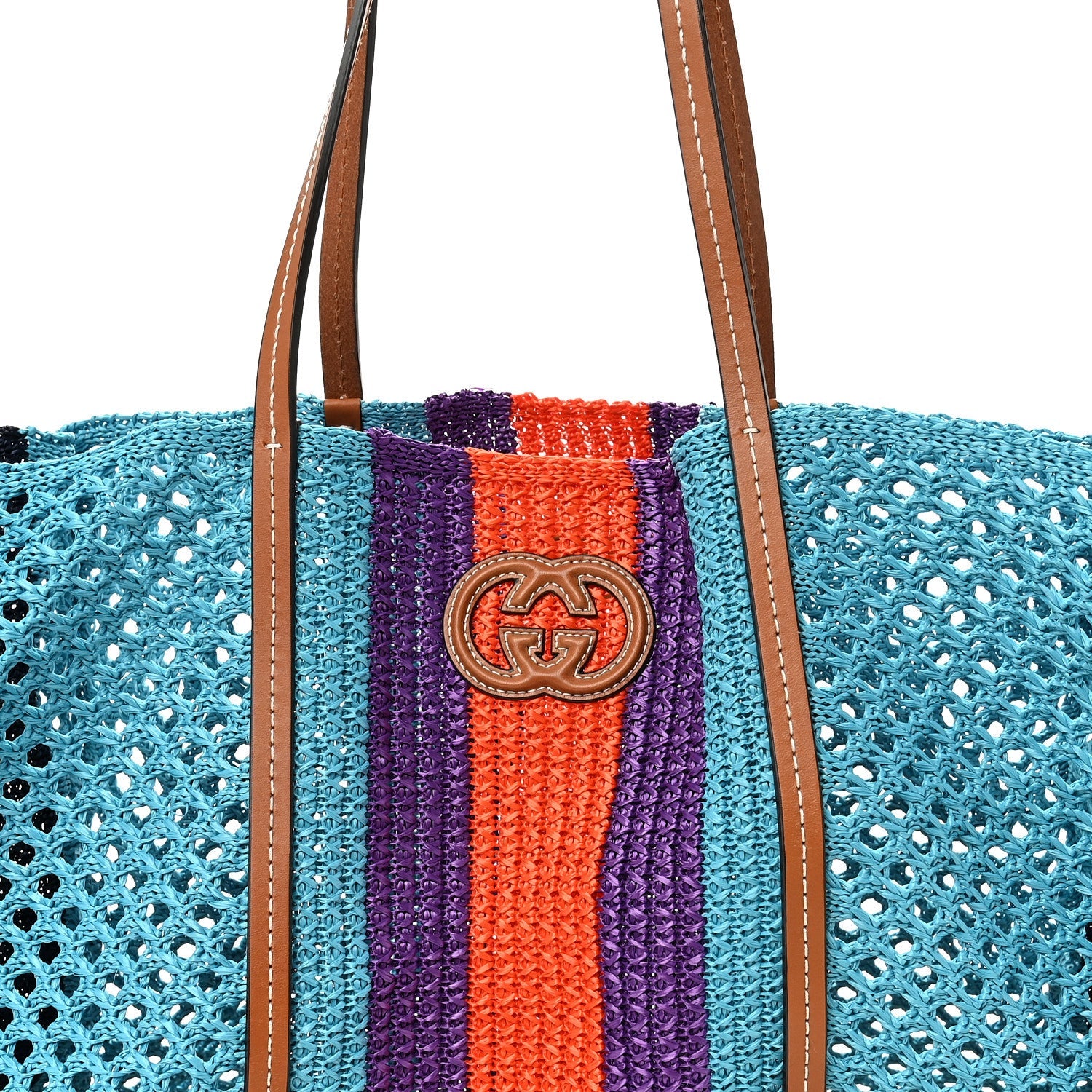 Raffia Web Woven Interlocking G Tote Blue Multicolor