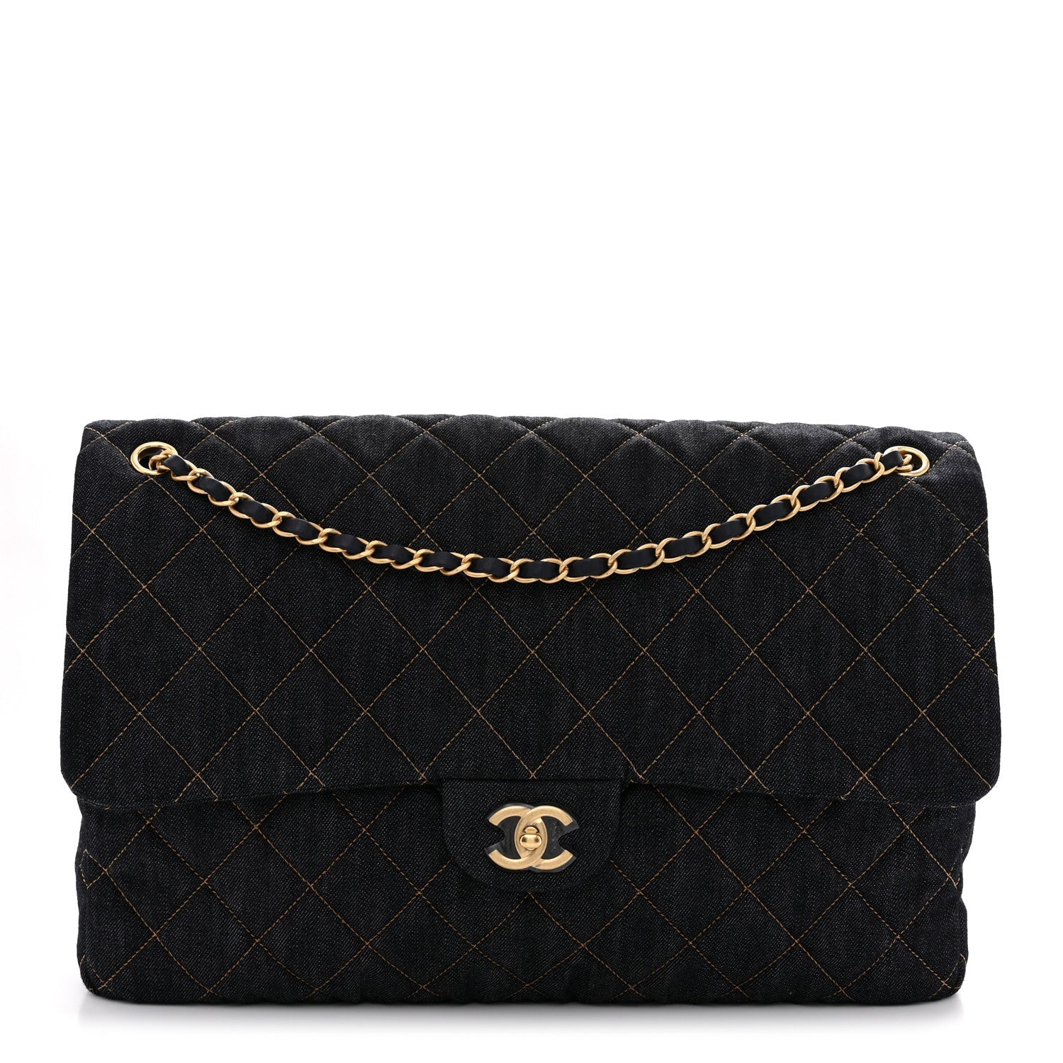 Denim Quilted XXL Travel Flap Bag Dark Blue Orange
