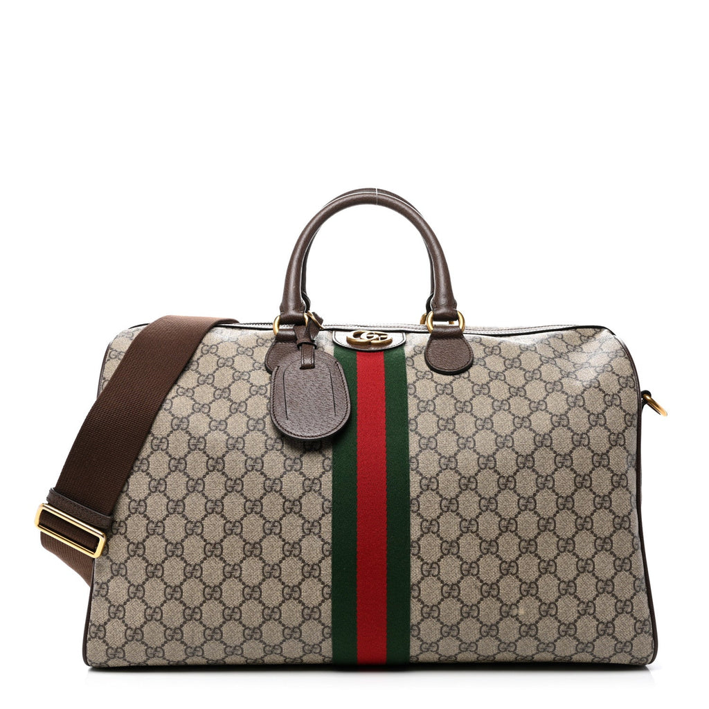 GG Supreme Monogram Textured Dollar Calfskin Web Medium Ophidia Carry-On Duffle Bag Beige Ebony New Acero