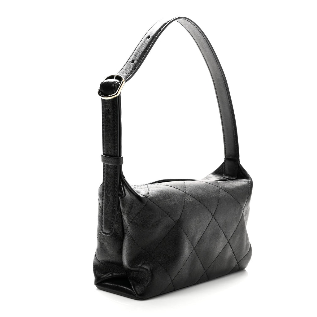 Shiny Lambskin Quilted Large Hobo Bag Black