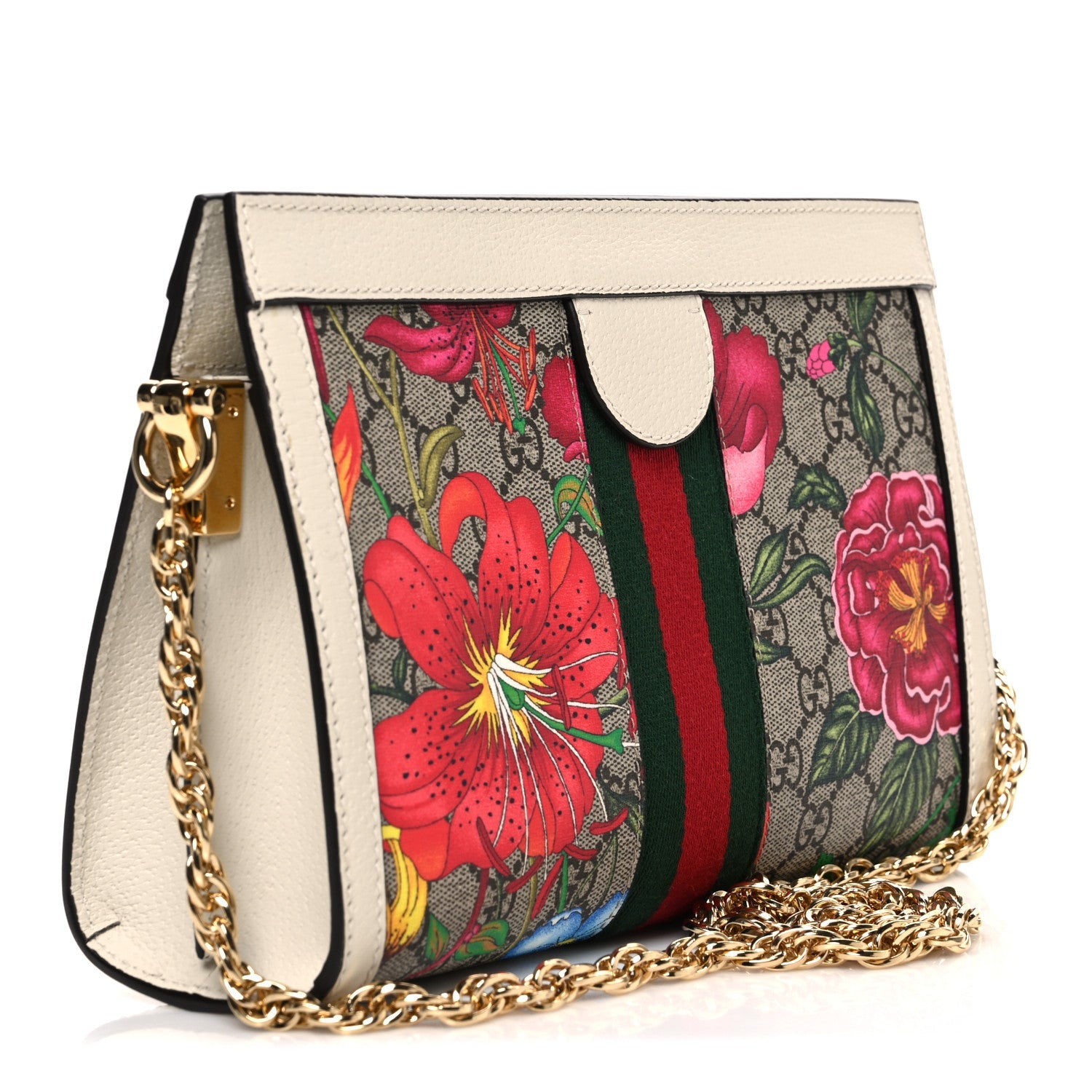 GG Supreme Monogram Flora Web Small Ophidia Chain Shoulder Bag White