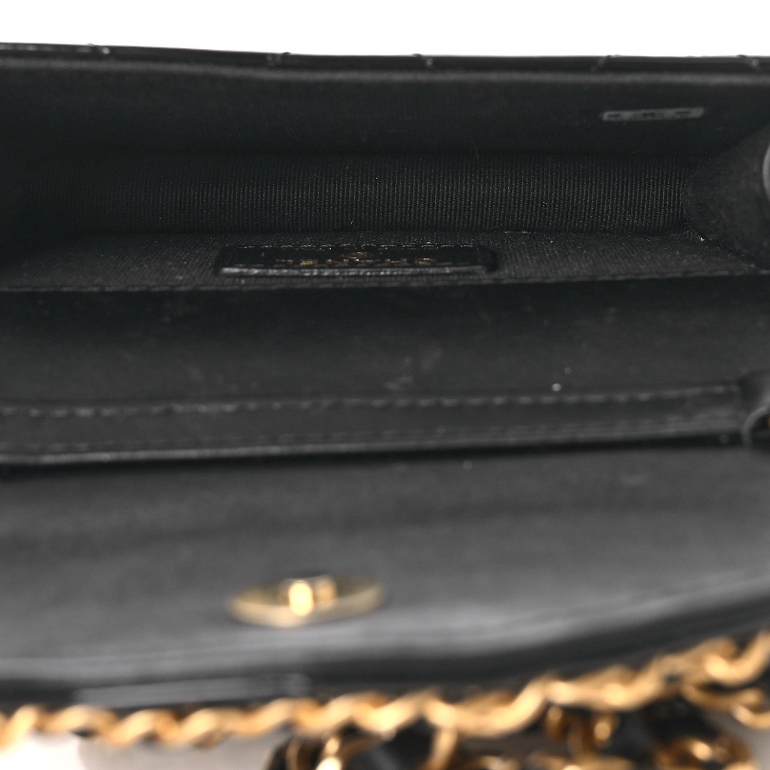 Patent Quilted Chain Around Heart Mini Chain Flap Black