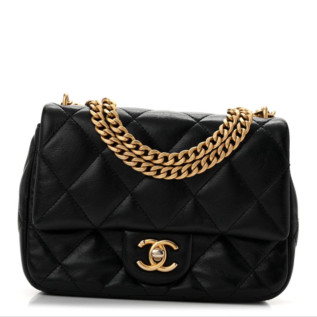 Shiny Lambskin Quilted Mini Sweetheart Flap Black