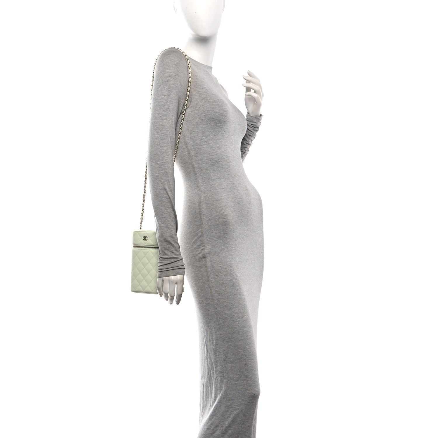 Caviar Quilted Phone Holder With Chain Light Green