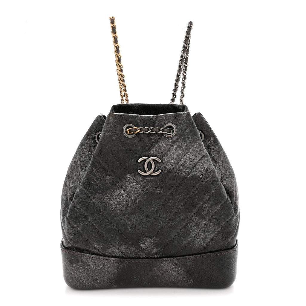 Metallic Grained Goatskin Chevron Quilted Gabrielle Backpack Dark Silver Gold