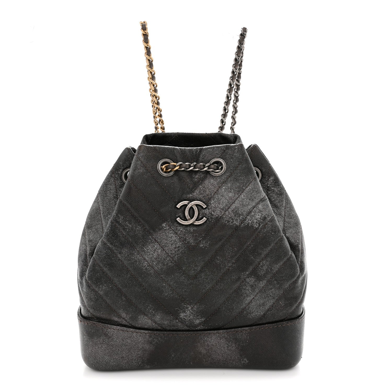 Metallic Grained Goatskin Chevron Quilted Gabrielle Backpack Dark Silver Gold