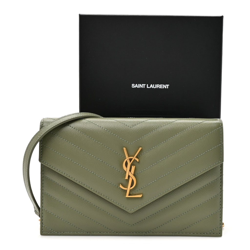 Grain De Poudre Matelasse Chevron Monogram Envelope Chain Wallet Light Sage