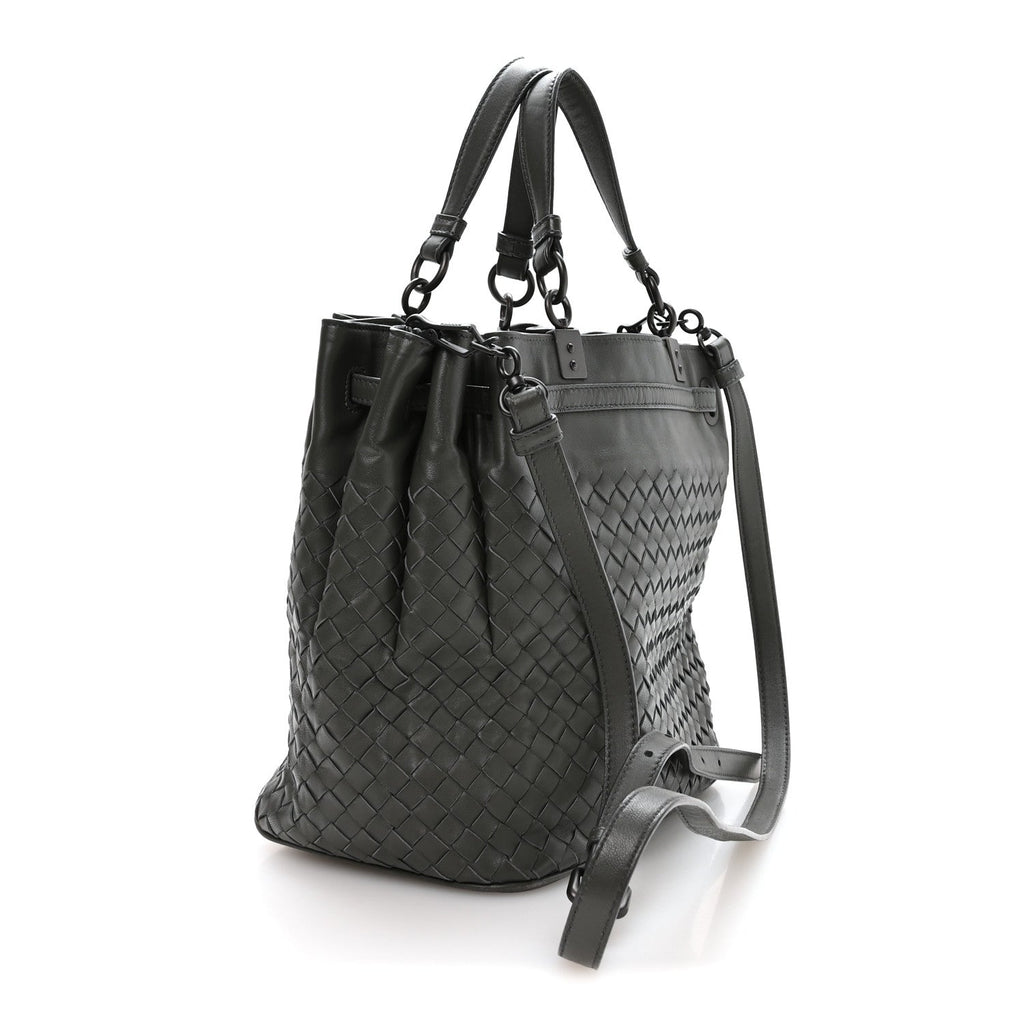Nappa Intrecciato Drawstring Bucket Bag Grey