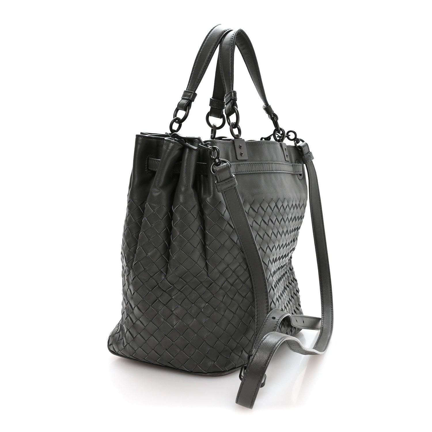 Nappa Intrecciato Drawstring Bucket Bag Grey