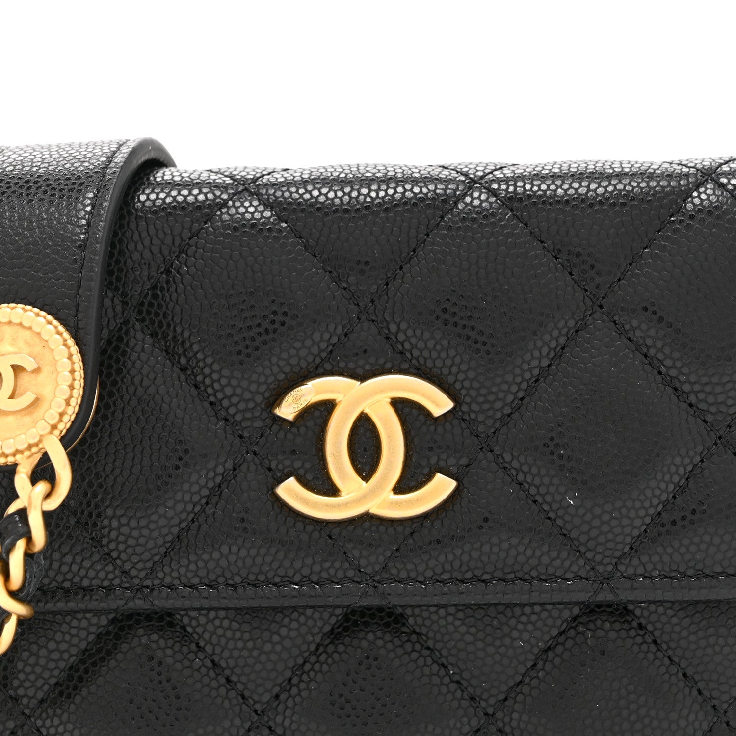 Caviar Quilted Twist Your Buttons Coin Purse With Chain Black